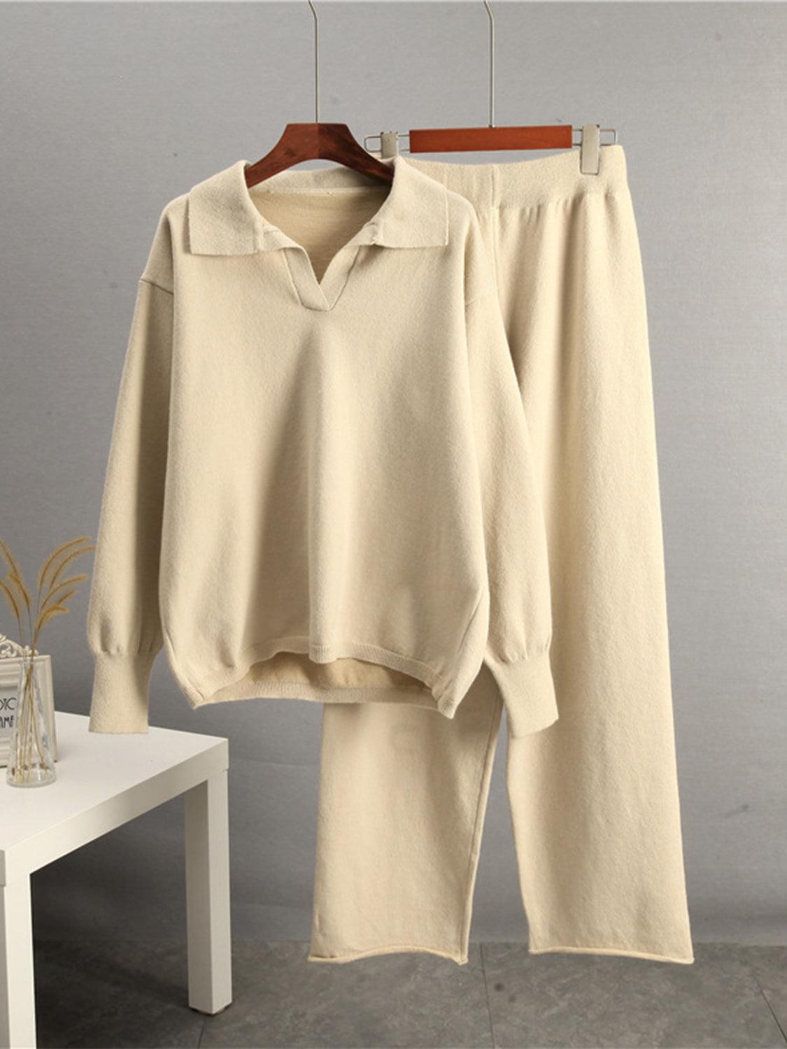 Johnny Collar Long Sleeve Top and Pants Sweater Set – Effortless Style and Comfort - Znvia