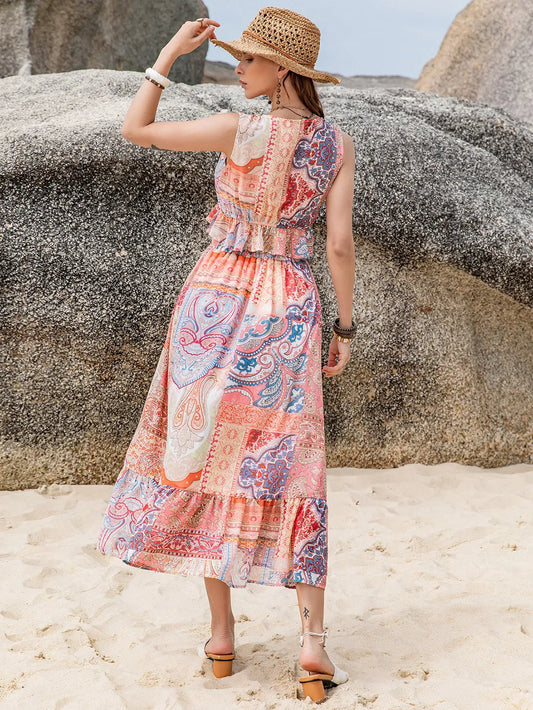 Printed V-Neck Top and Midi Skirt Set - Znvia