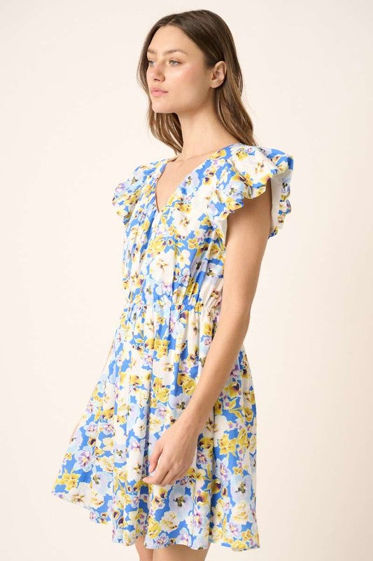 Floral V-Neck Cap Sleeve Mini Dress - Znvia