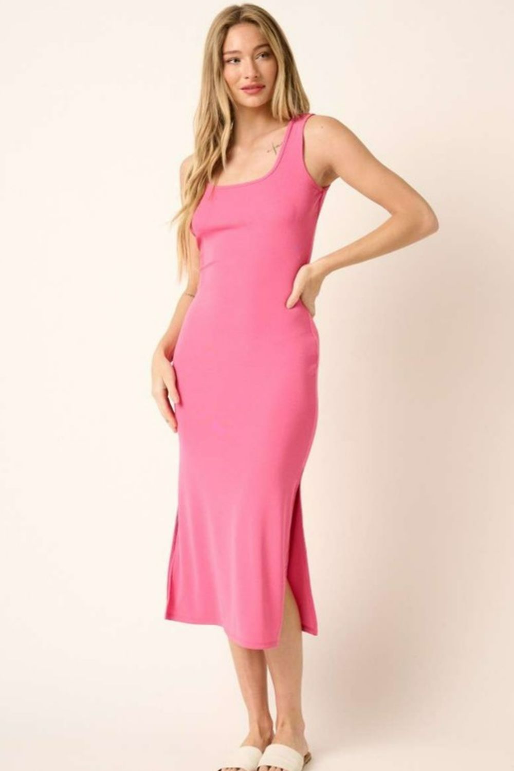 Side Slit Wide Strap Midi Tank Dress - Znvia