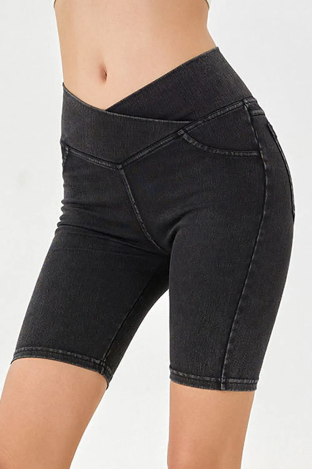 Asymmetrical Waist Denim Shorts with Pockets - Znvia