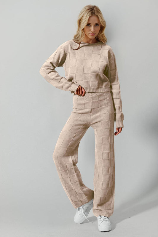 Double Take Full Size Checkered Round Neck Top and Pants Set - Znvia