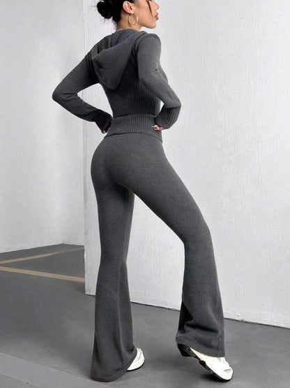 Zip Up Hooded Top and Flare Pants Sweater Set - Znvia