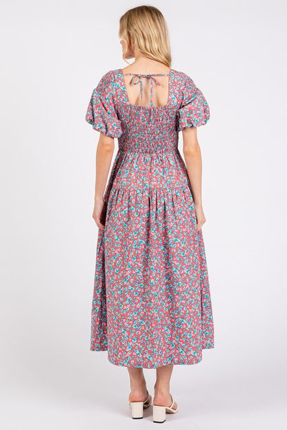 Smocked Floral Square Neck Puff Sleeve Midi Dress - Znvia