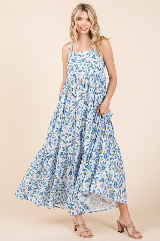 Flower Print Tiered Sleeveless Empire Maxi Dress - Znvia