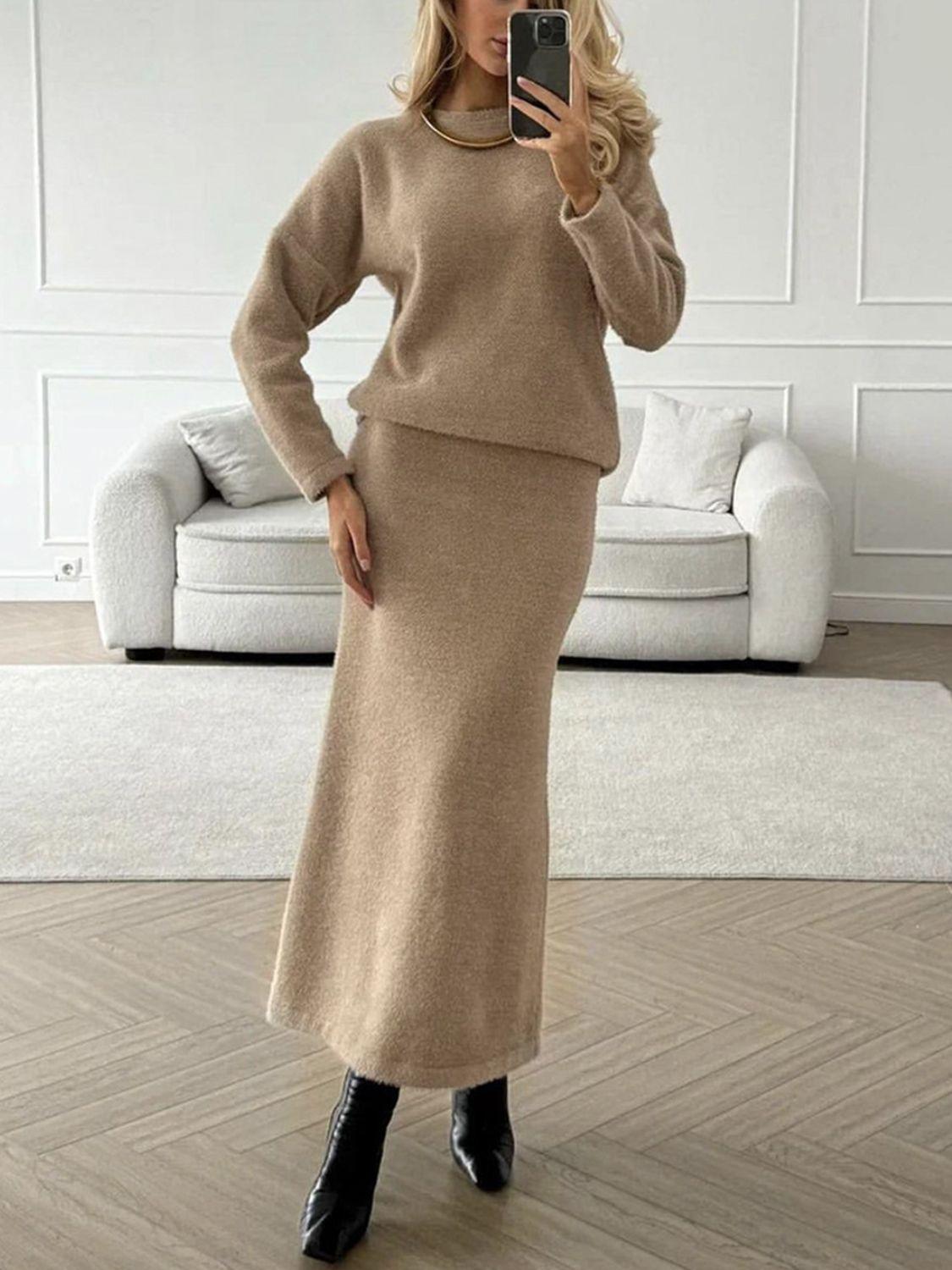Round Neck Dropped Shoulder Top and Midi Skirt Sweater Set - Znvia