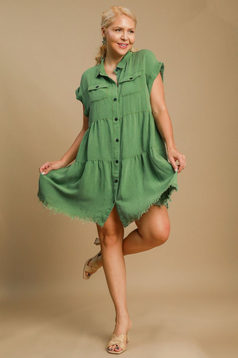 Full Size Frayed Hemline Button-Down Shirt Dress – Plus Size - Znvia