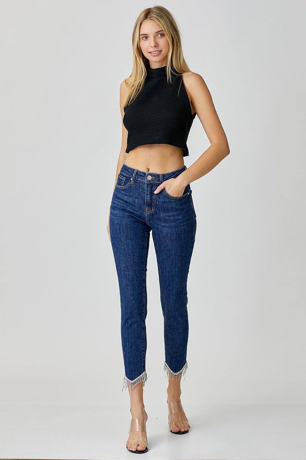Full Size Embellished Mid Rise Crop Skinny Jeans – Sparkle, Style, and Confidence! - Znvia