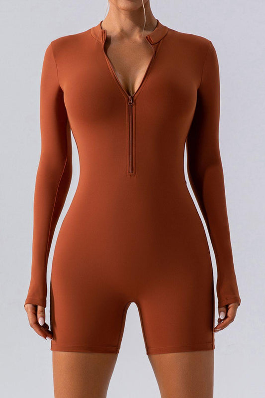 Half Zip Long Sleeve Active Romper - Znvia