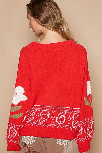 Flower Lace Patch Long Sleeve Sweater - Znvia
