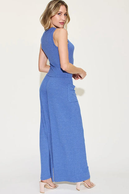 Full Size Ribbed Tank and Wide Leg Pants Set - Znvia