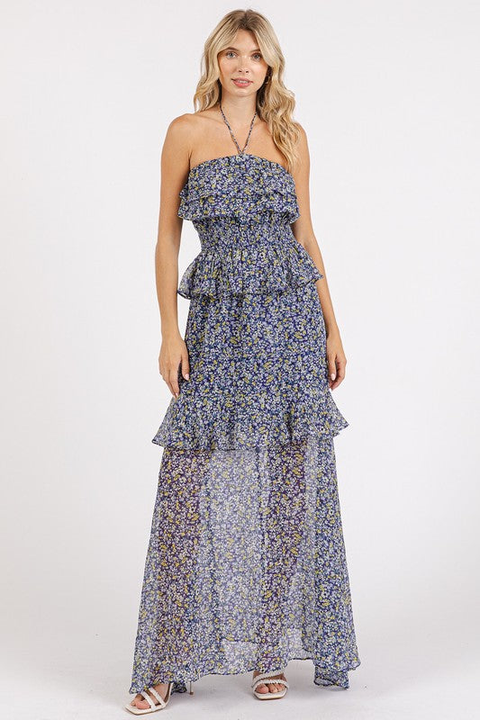 Ruffled Smocked Floral Halter Neck Maxi Dress - Znvia