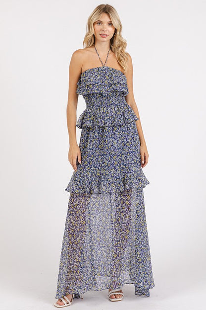 Ruffled Smocked Floral Halter Neck Maxi Dress - Znvia