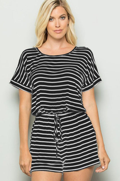 Full Size Striped Round Neck Short Sleeve Romper - Znvia