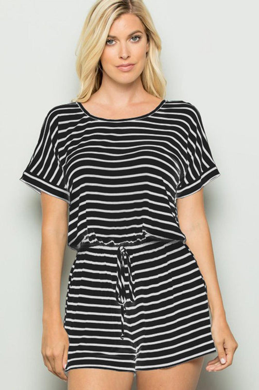 Full Size Striped Round Neck Short Sleeve Romper - Znvia