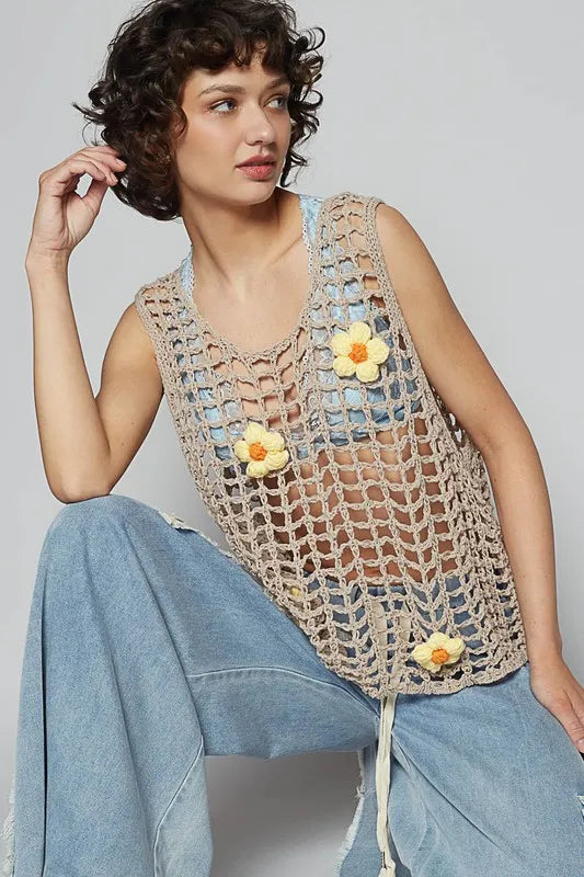 Flower Crochet Scoop Neck Sleeveless Knit Cover Up - Znvia