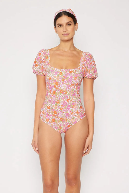 Floral Puff Sleeve One-Piece Swimsuit for Stylish Comfort - Znvia