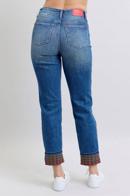 Full Size Plaid Print Cuff Straight Leg Jeans with Pockets – Where Classic Meets Contemporary - Znvia