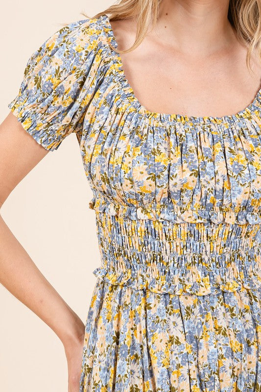 Flower Print Puff Sleeve Gathered Maxi Dress - Znvia