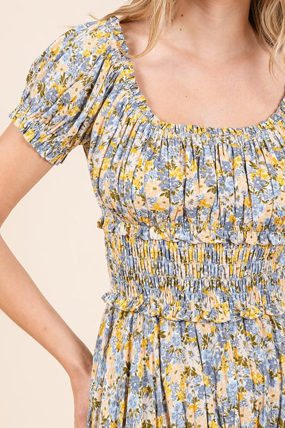 Flower Print Puff Sleeve Gathered Maxi Dress - Znvia