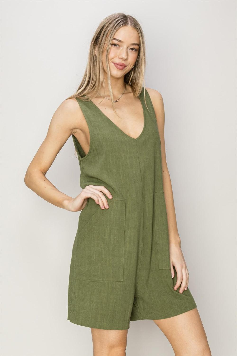 V-Neck Sleeveless Romper with Pockets - Znvia
