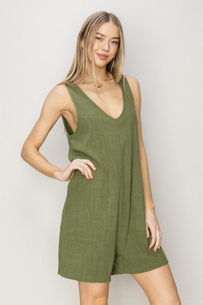V-Neck Sleeveless Romper with Pockets - Znvia