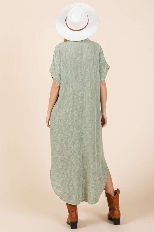 Mineral Wash V-Neck Button-Up Midi Shirt Dress - Znvia