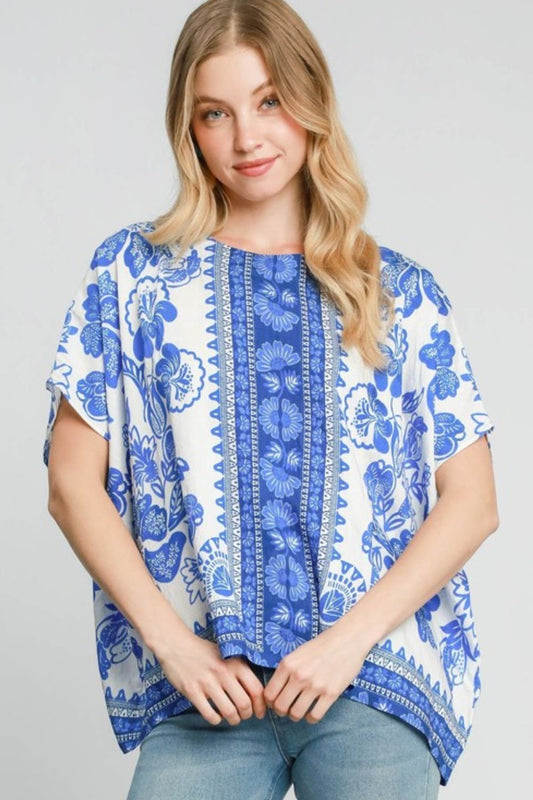 Full Size Floral Border Print Oversized Top - Plus Size - Znvia