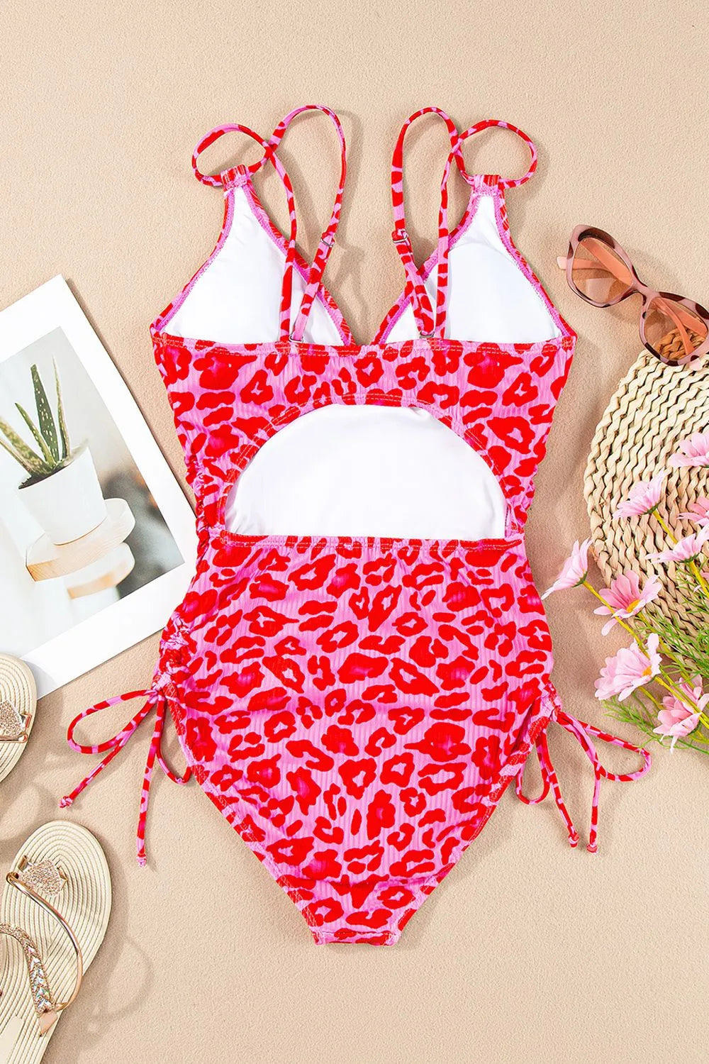 Leopard Cutout Ribbed Side Drawstring One-Piece Swimsuit for Stylish Comfort - Znvia