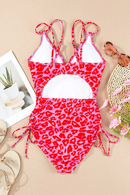 Leopard Cutout Ribbed Side Drawstring One-Piece Swimsuit for Stylish Comfort - Znvia