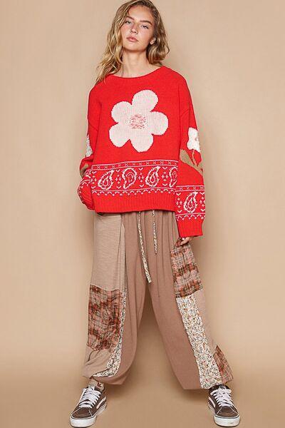 Flower Lace Patch Long Sleeve Sweater - Znvia