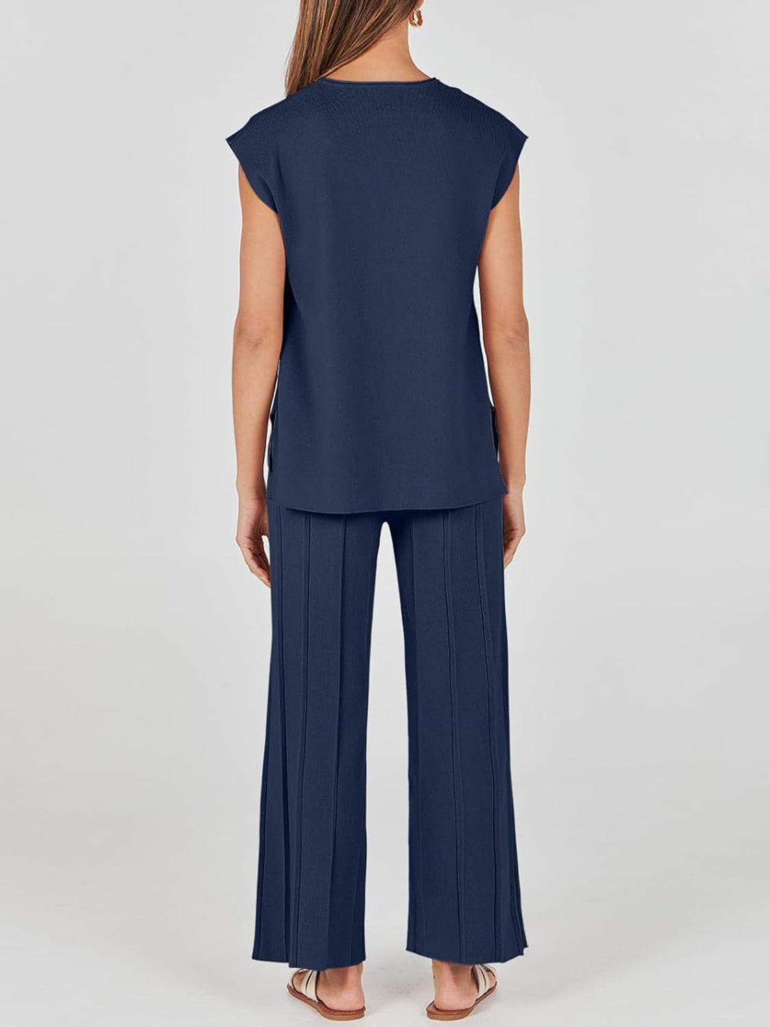 Round Neck Cap Sleeve Top and Pants Knit Set – Effortless Style Meets Supreme Comfort - Znvia