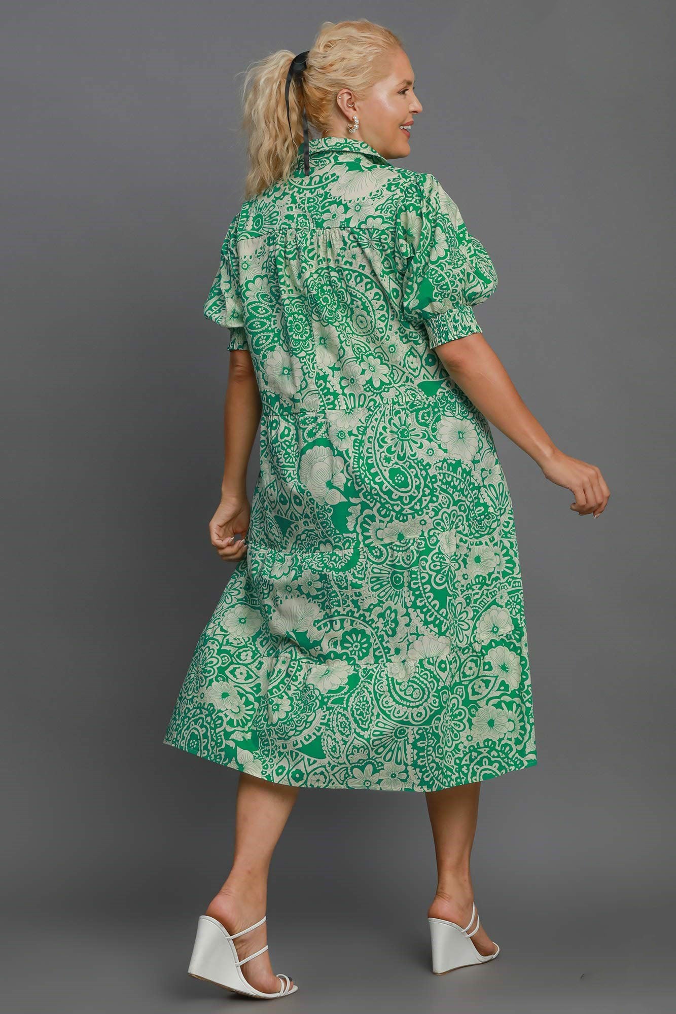 Full Size Printed Smocked Cuff Puff Sleeve Midi Dress Plus Size - Znvia