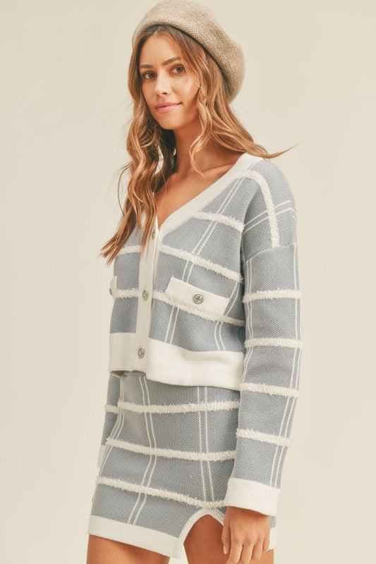 Plaid Button Down Sweater Cardigan and Mini Skirt Set - Znvia