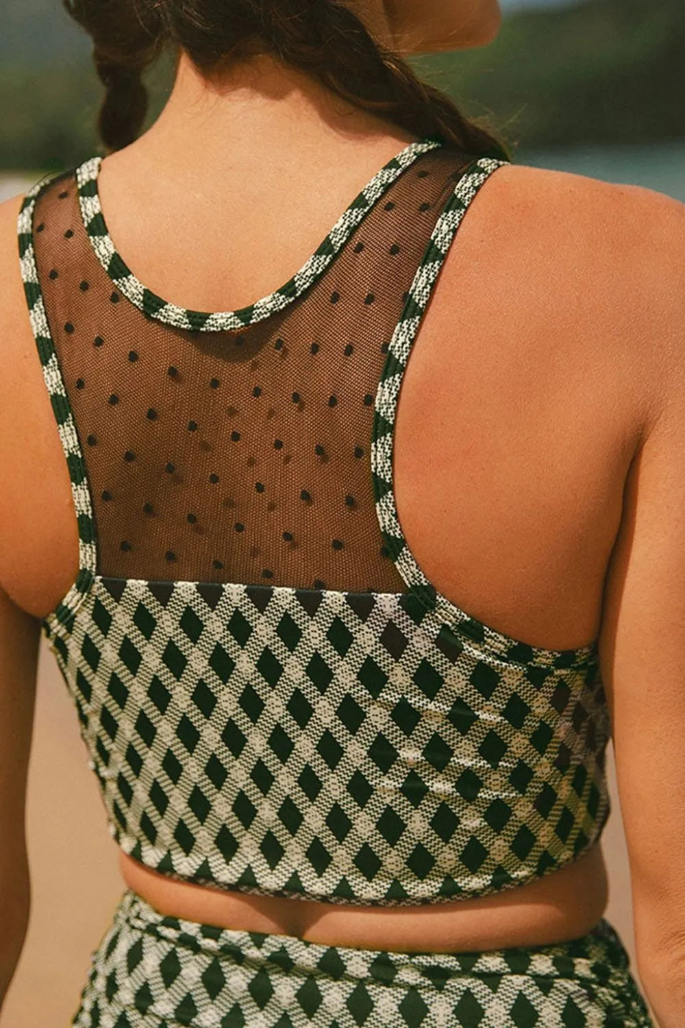 Dotted Mesh Plaid Patchwork High Waisted Swim Set - Znvia