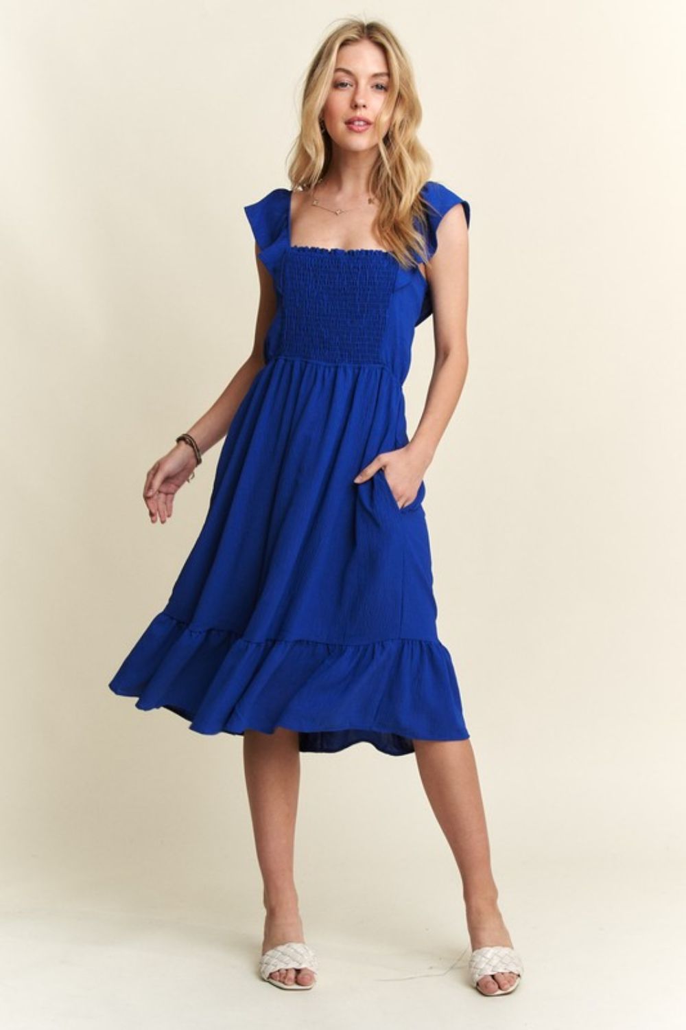 Smocked Square Neck Ruffled Cap Sleeve Dress - Znvia