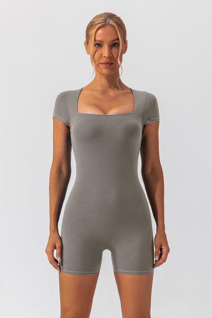Square Neck Cap Sleeve Active Romper - Znvia