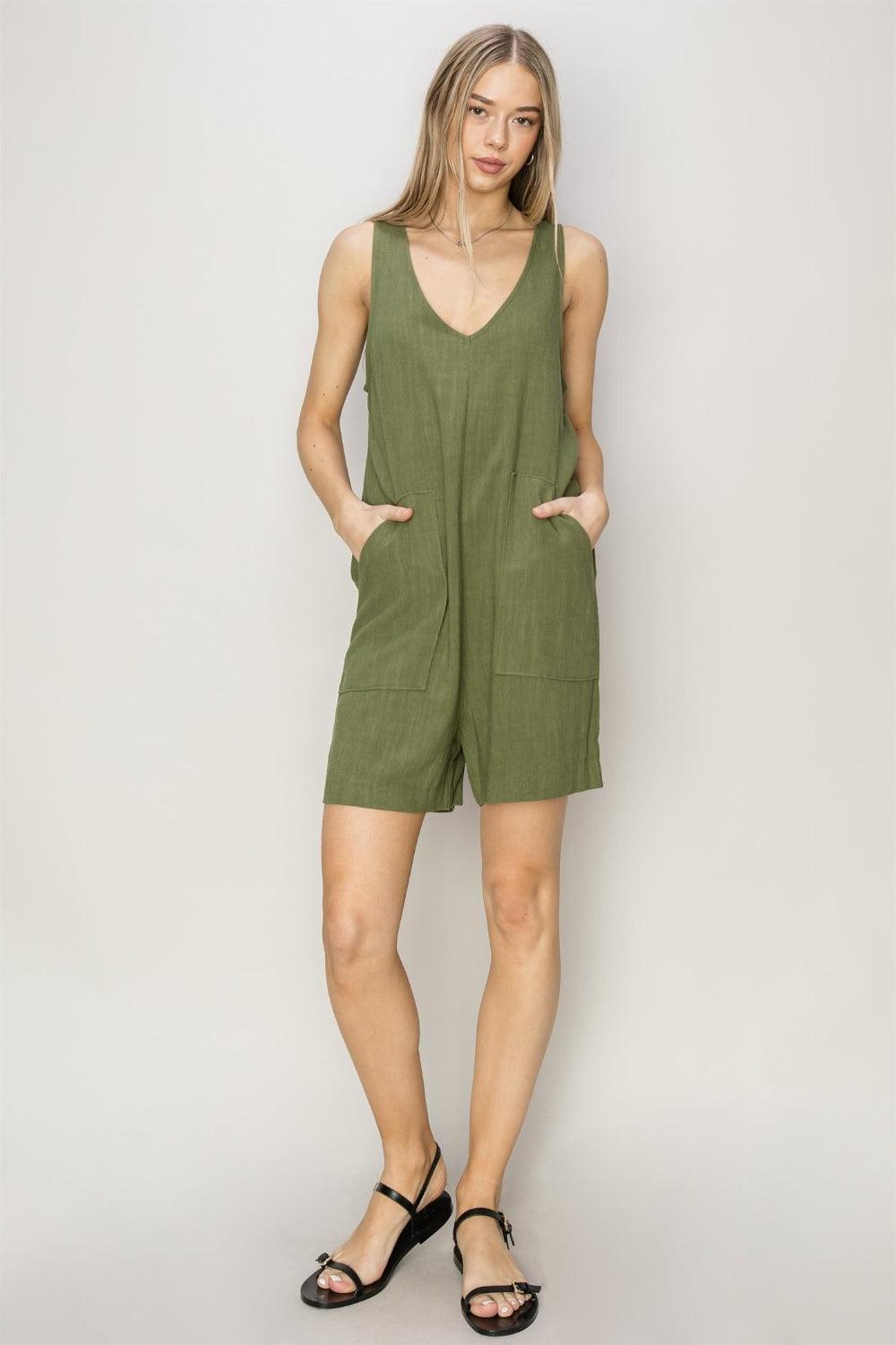 V-Neck Sleeveless Romper with Pockets - Znvia