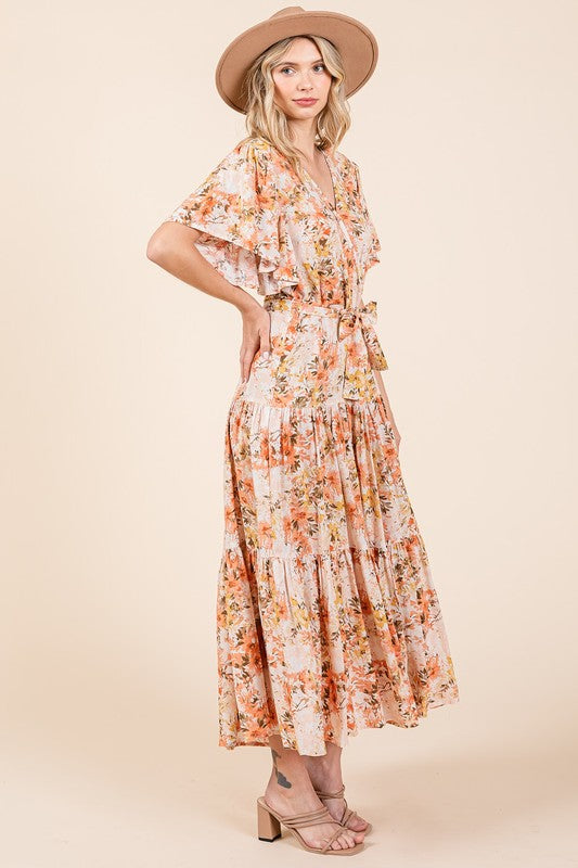 Floral Tie Waist Flutter Sleeve Tiered Dress - Znvia