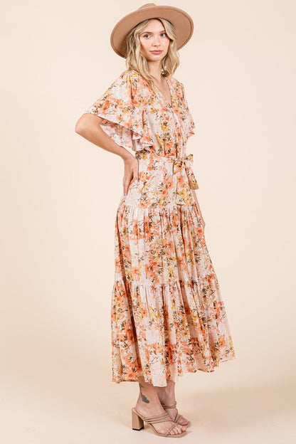 Floral Tie Waist Flutter Sleeve Tiered Dress - Znvia