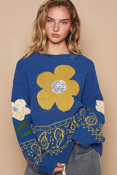 Flower Lace Patch Long Sleeve Sweater - Znvia
