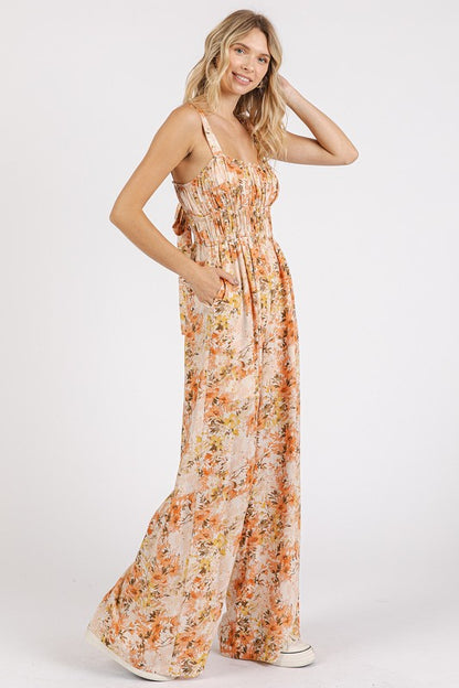 Flower Print Gathered Bust Sleeveless Jumpsuit - Znvia