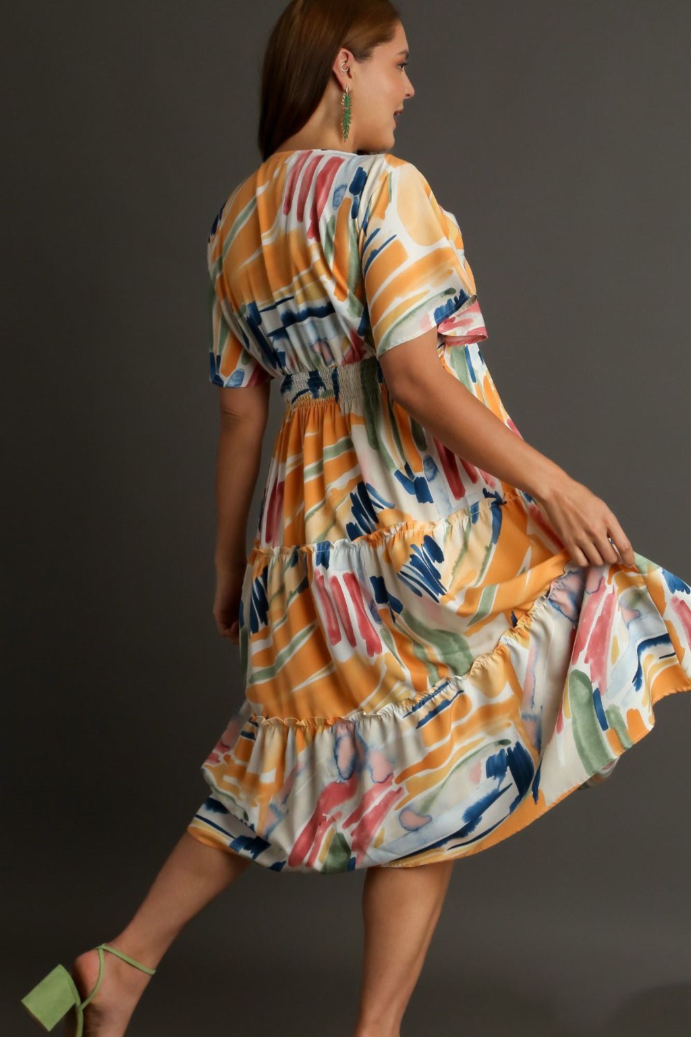 Full Size Abstract Print Flutter Sleeve Frill Tiered Midi Dress – Plus Size - Znvia