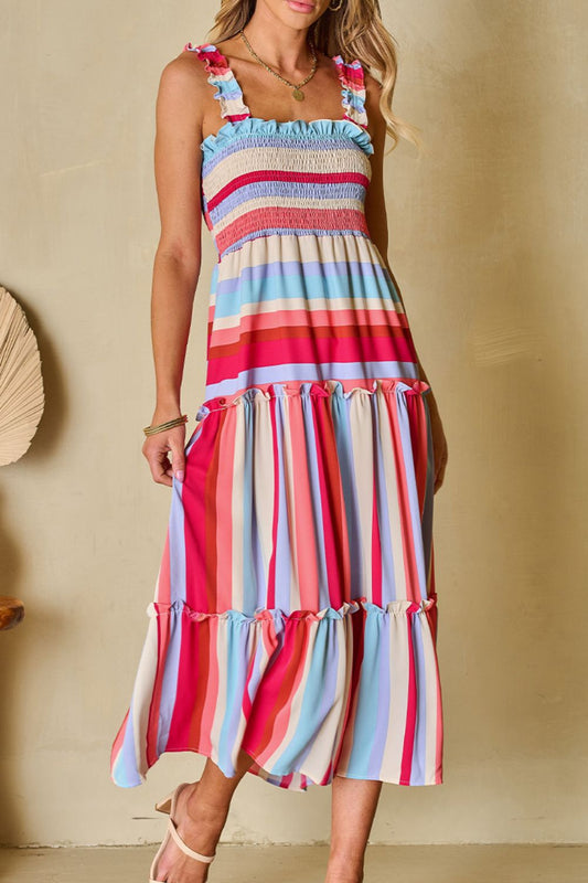 Contrast Stripe Wide Strap Smocked Tiered Dress - Znvia