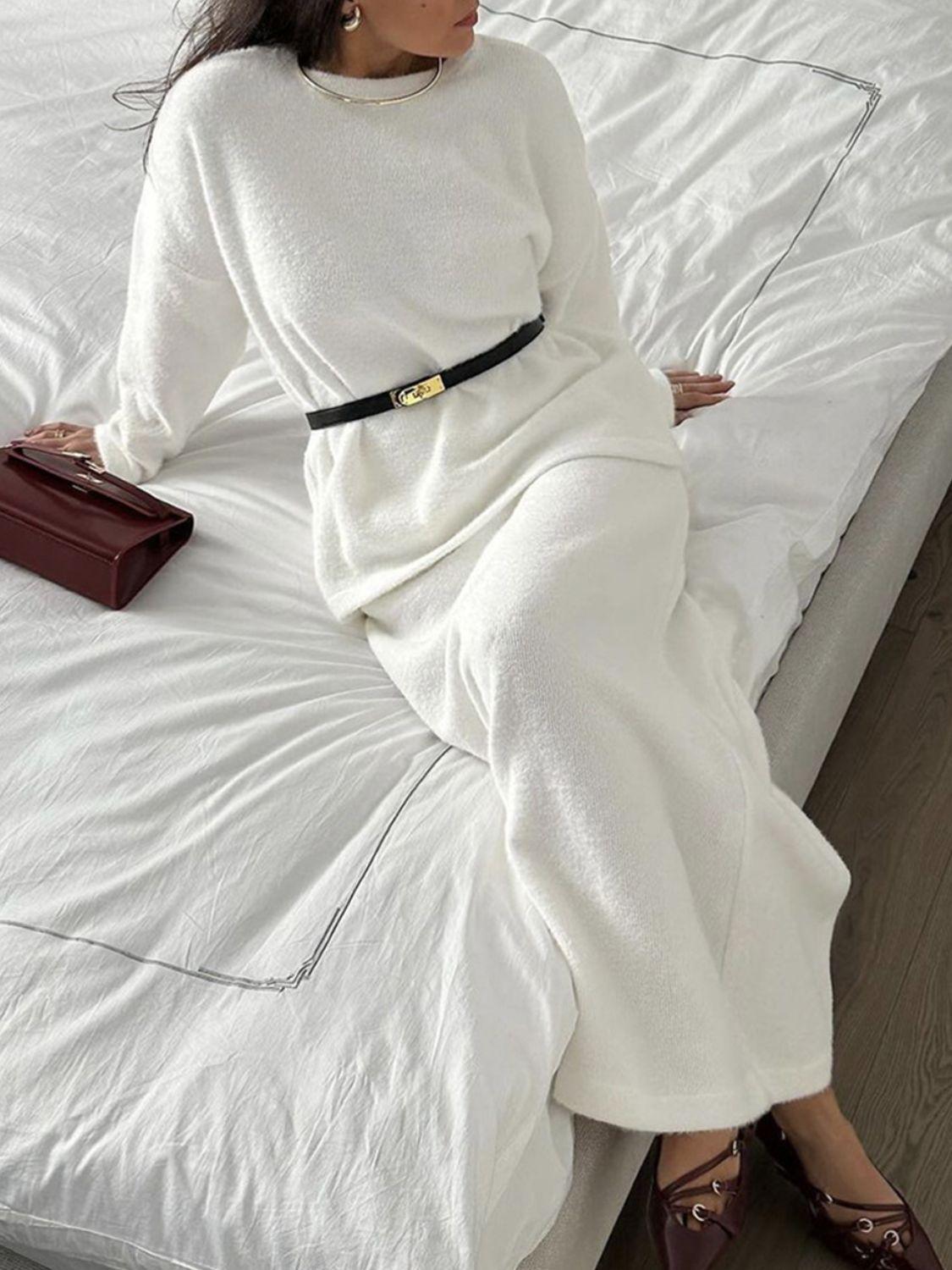 Round Neck Dropped Shoulder Top and Midi Skirt Sweater Set - Znvia
