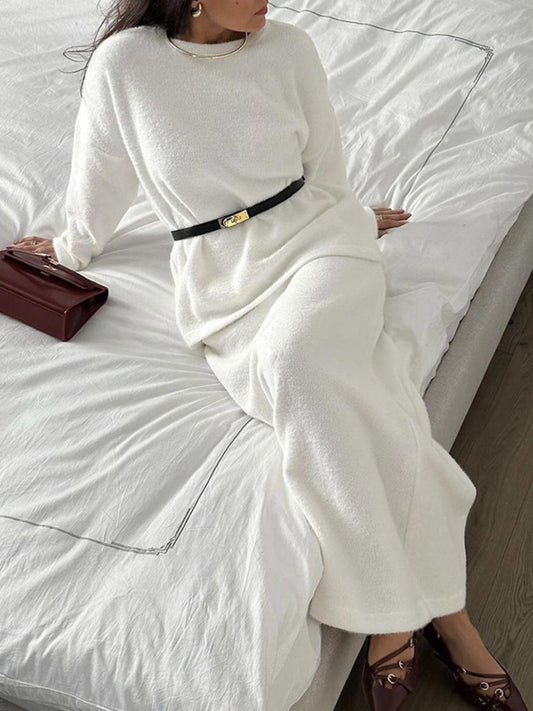 Round Neck Dropped Shoulder Top and Midi Skirt Sweater Set - Znvia