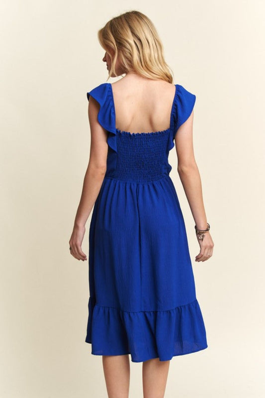 Smocked Square Neck Ruffled Cap Sleeve Dress - Znvia