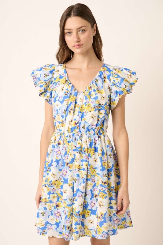 Floral V-Neck Cap Sleeve Mini Dress - Znvia