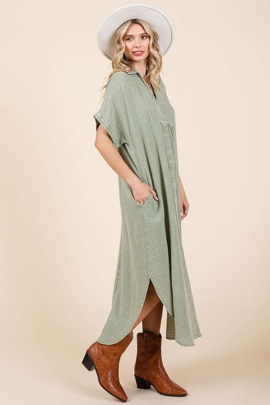 Mineral Wash V-Neck Button-Up Midi Shirt Dress - Znvia