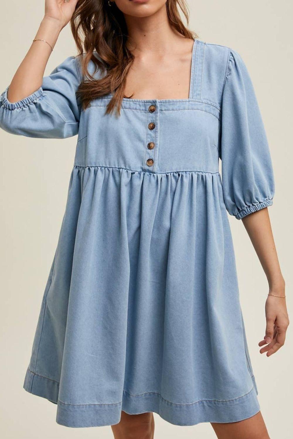 Square Neck Half Sleeve Denim Dress – Effortless Elegance, Timeless Style - Znvia